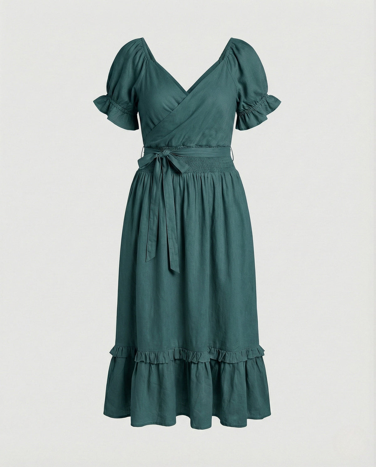 Women's Midi Dress with Knot Front and Puff Sleeves