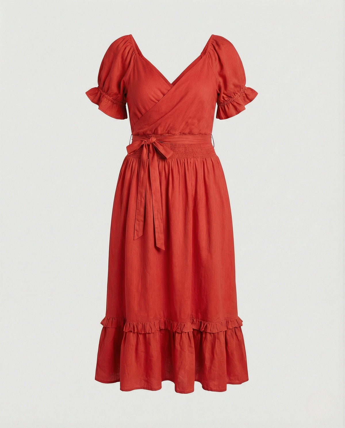 Women's Midi Dress with Knot Front and Puff Sleeves