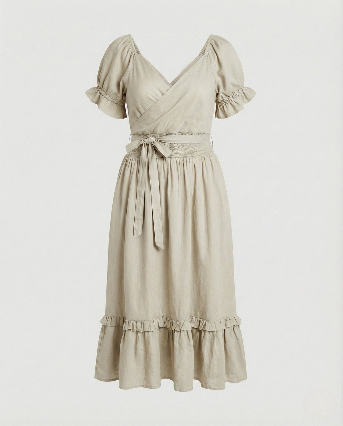 Women's Midi Dress with Knot Front and Puff Sleeves