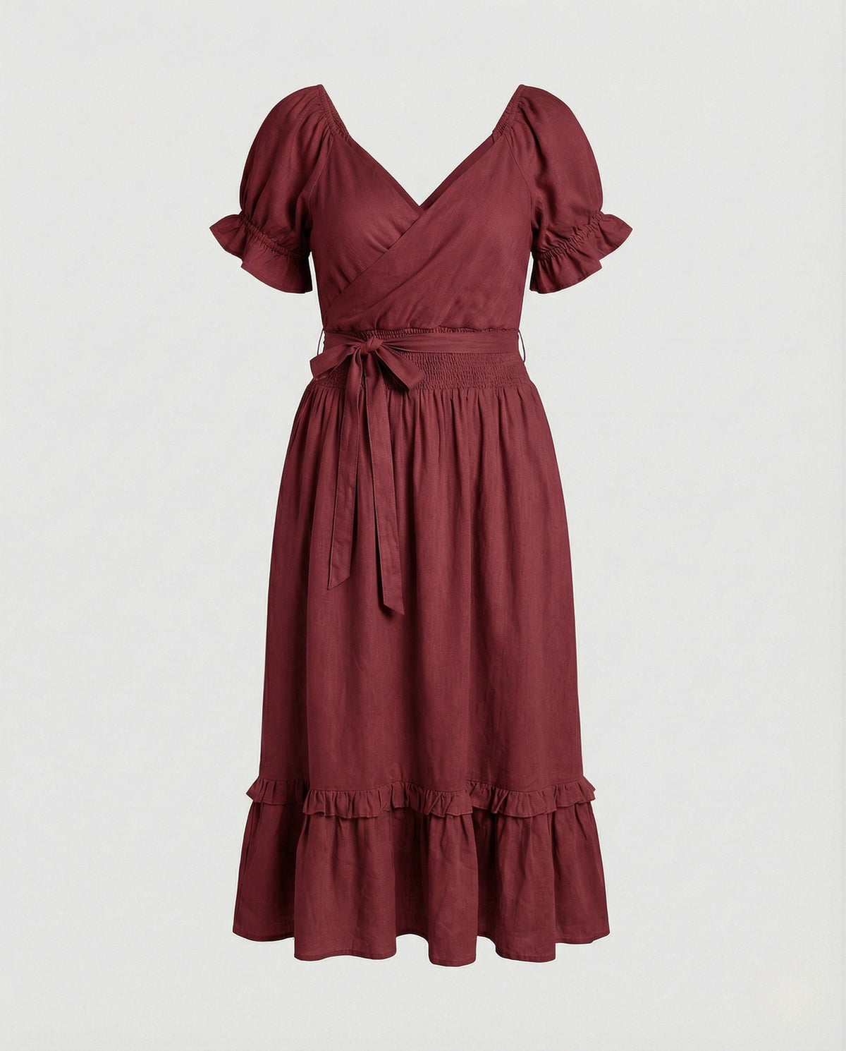 Women's Midi Dress with Knot Front and Puff Sleeves