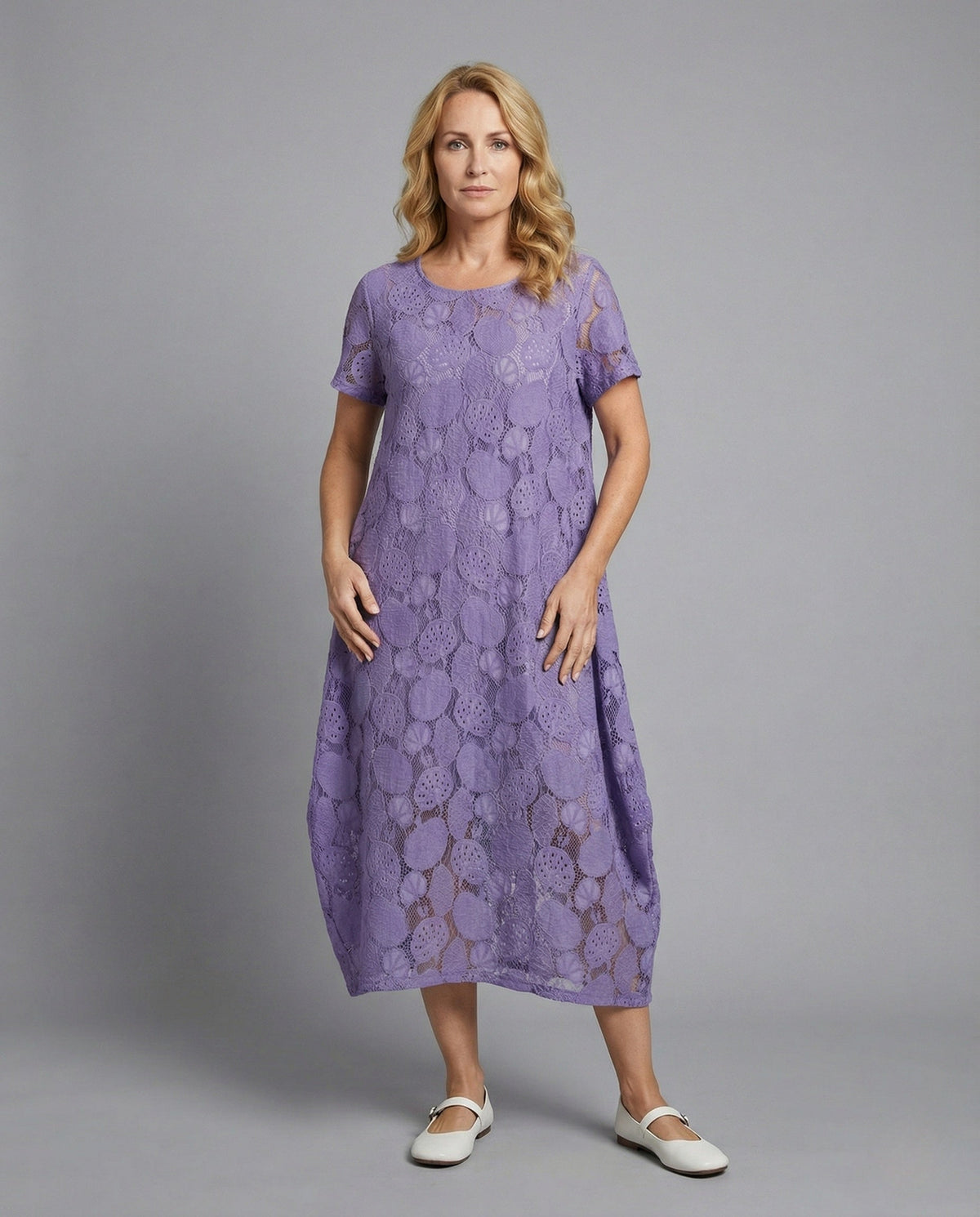 Women's Lace Maxi Dress with Round Neckline - Front View
