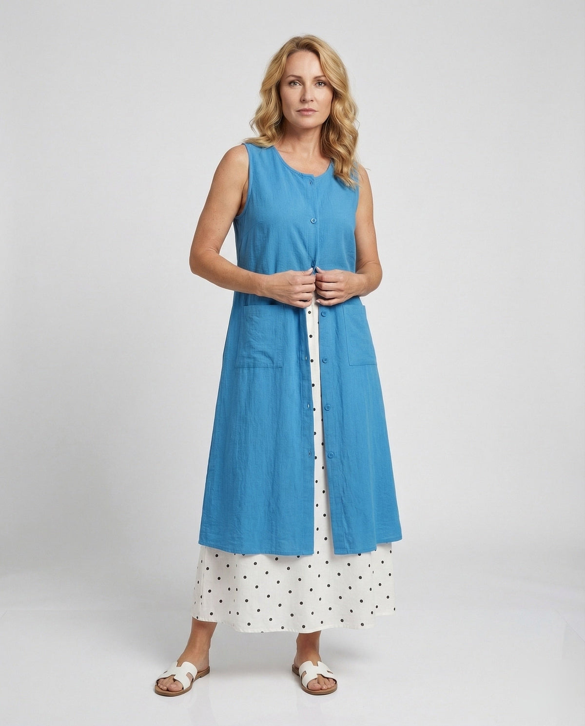 Women's Sleeveless Long Vest in A-Line Cut - Front View