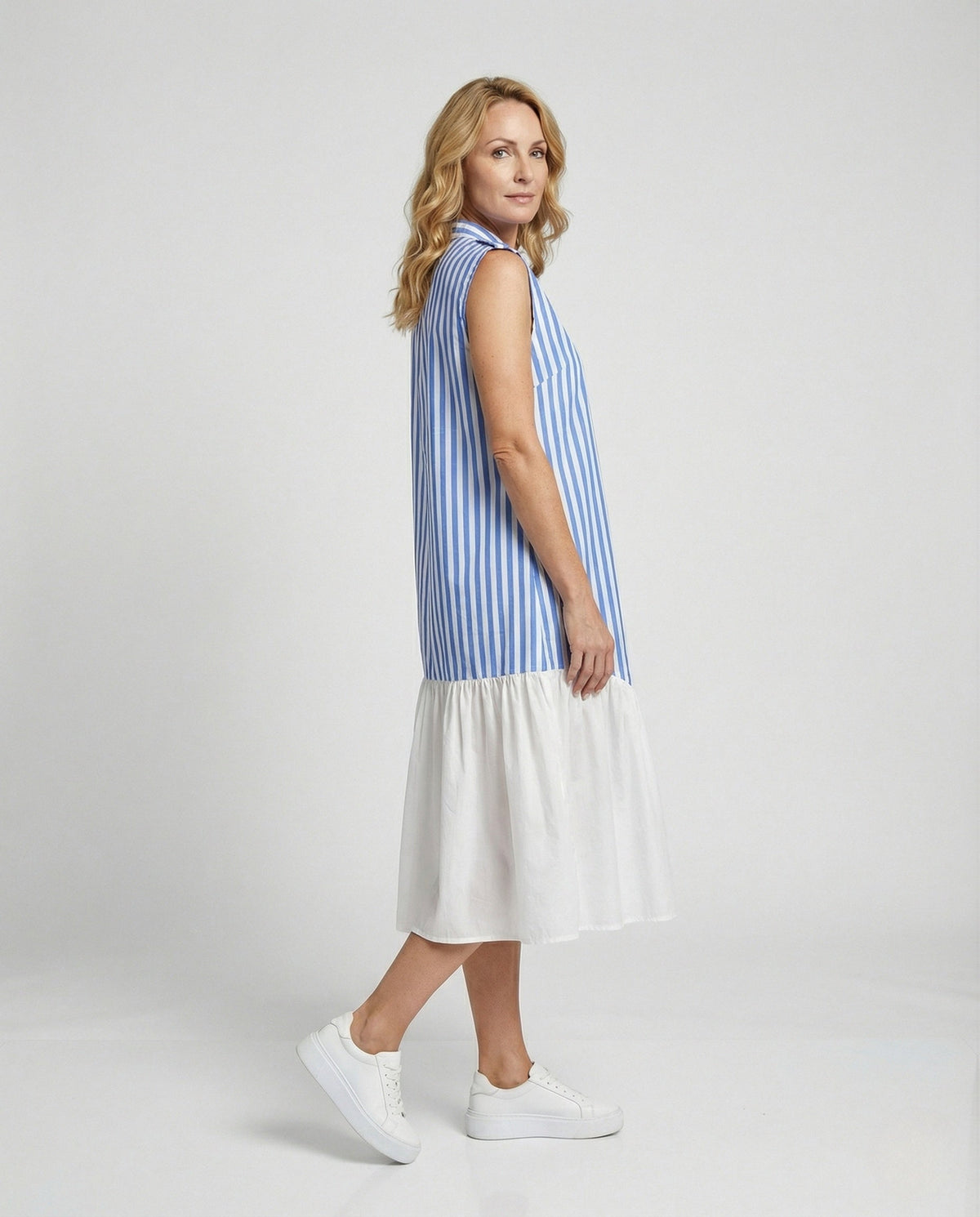 Women's Sleeveless Shirt Dress with Striped Look - Front View