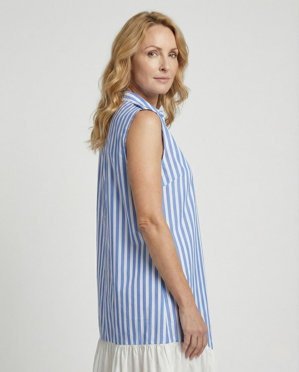 Women's Sleeveless Shirt Dress with Striped Look - Upper Body View