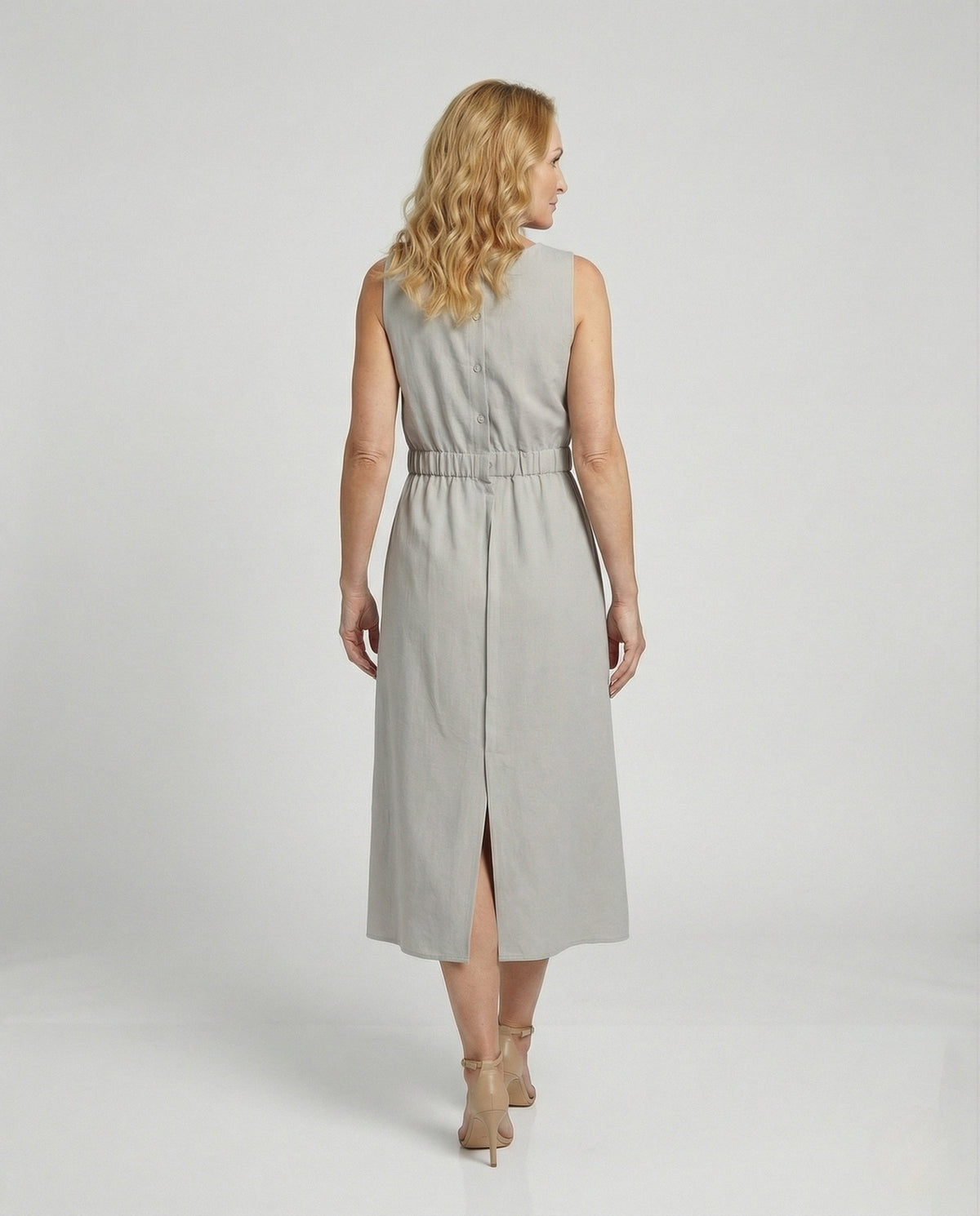 Women's Sleeveless Linen Midi Dress with Pockets - Back View