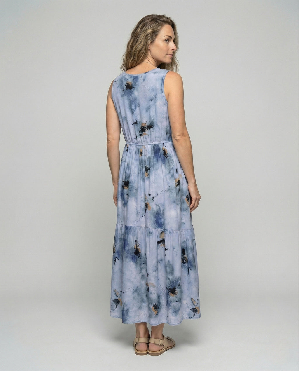Women's Sleeveless Maxi Tiered Dress with Print - Back View