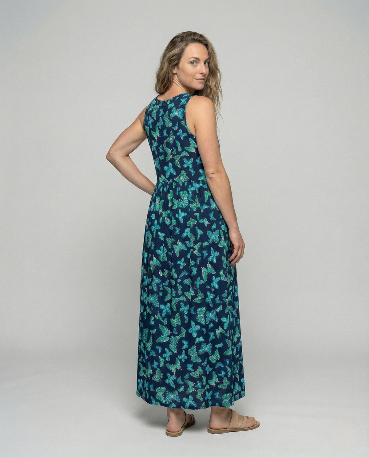 Women's Sleeveless Maxi Dress with Butterfly Print - Back View
