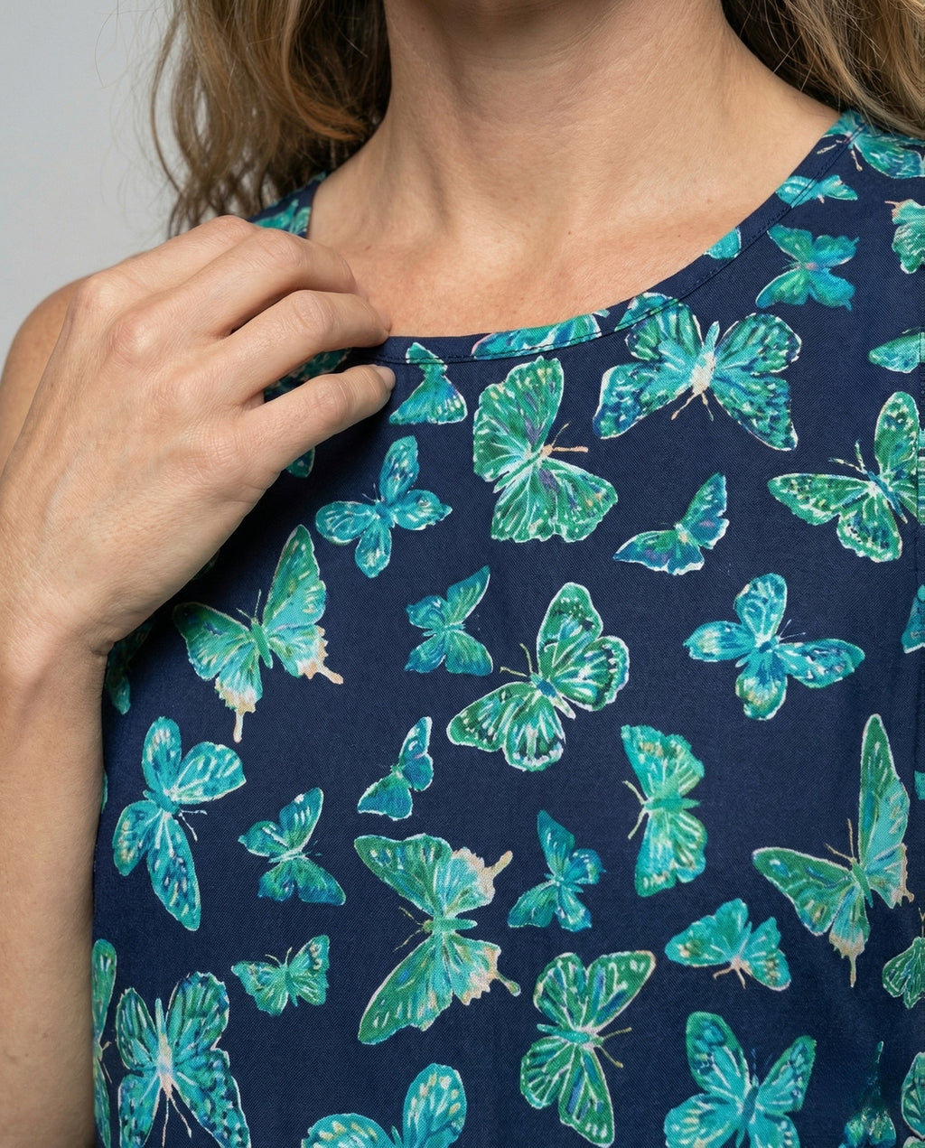 Women's Sleeveless Maxi Dress with Butterfly Print - Close-Up Detail