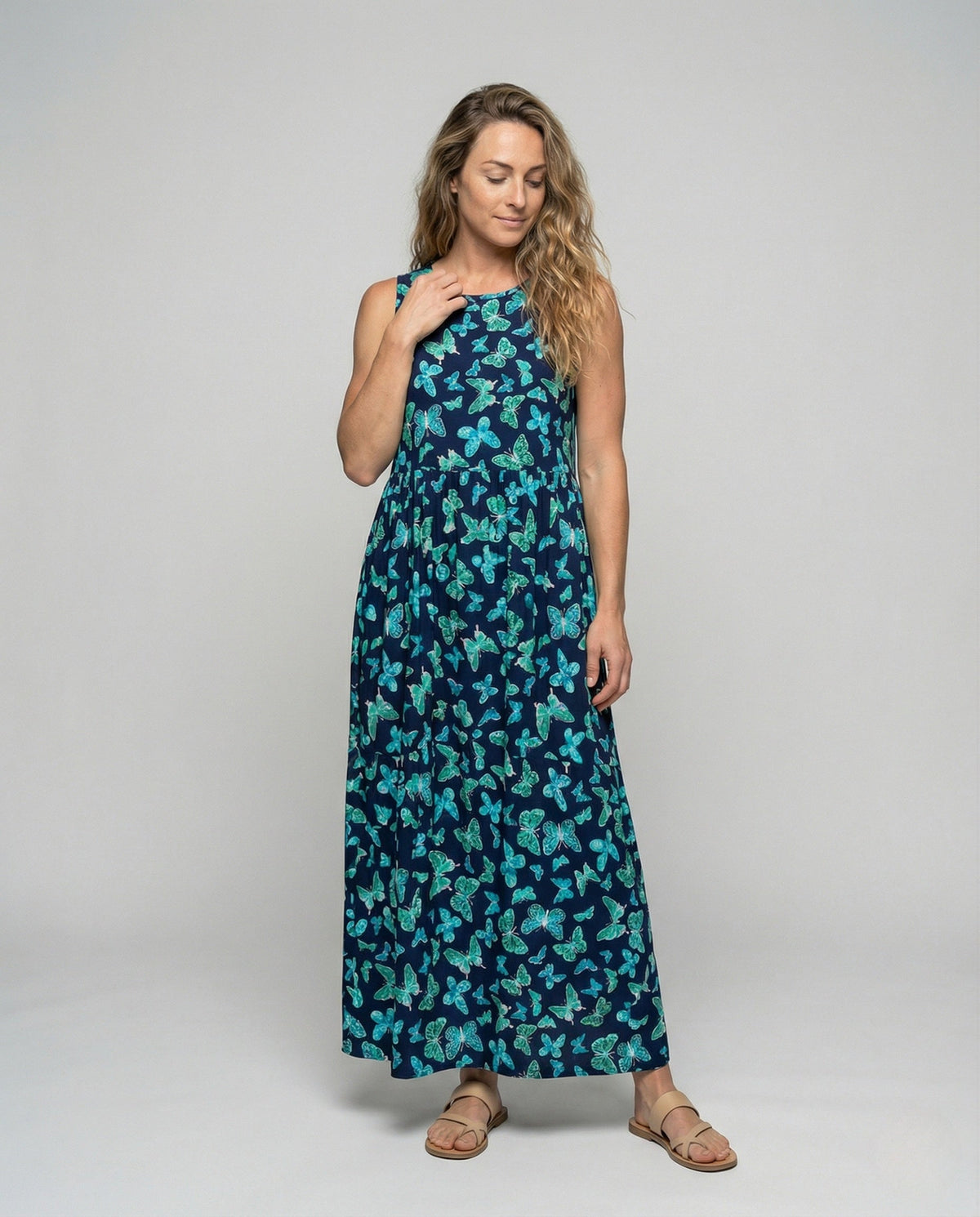 Women's Sleeveless Maxi Dress with Butterfly Print - Front View
