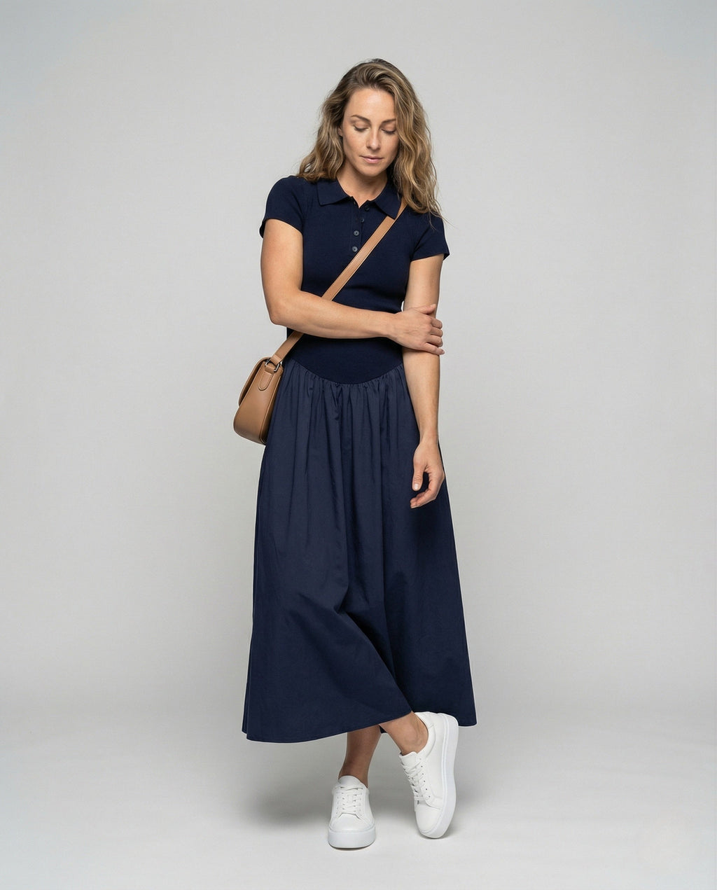 Women's Sleeveless Maxi Dress with Polo Collar - Front View