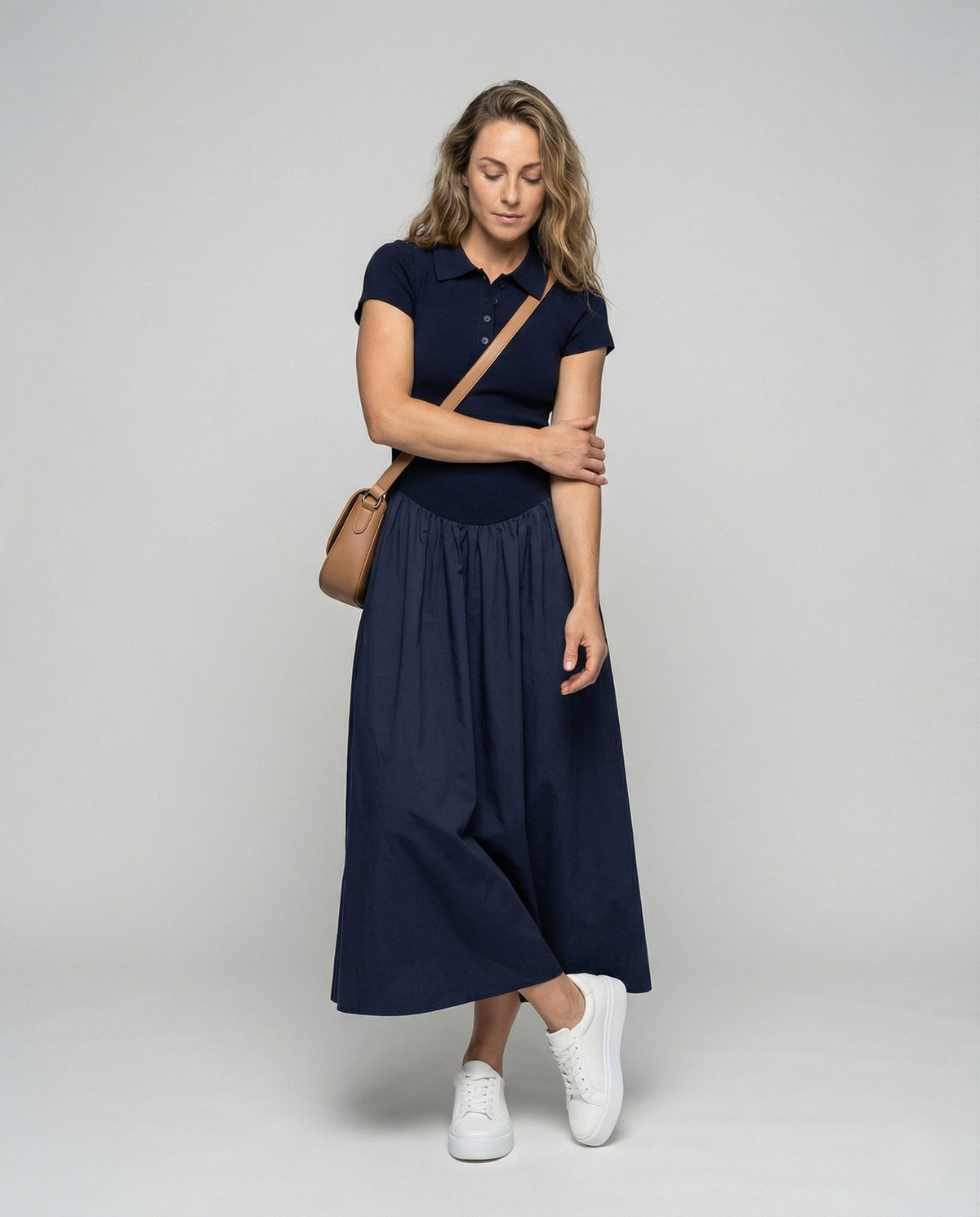 Women's Sleeveless Maxi Dress with Polo Collar - Front View