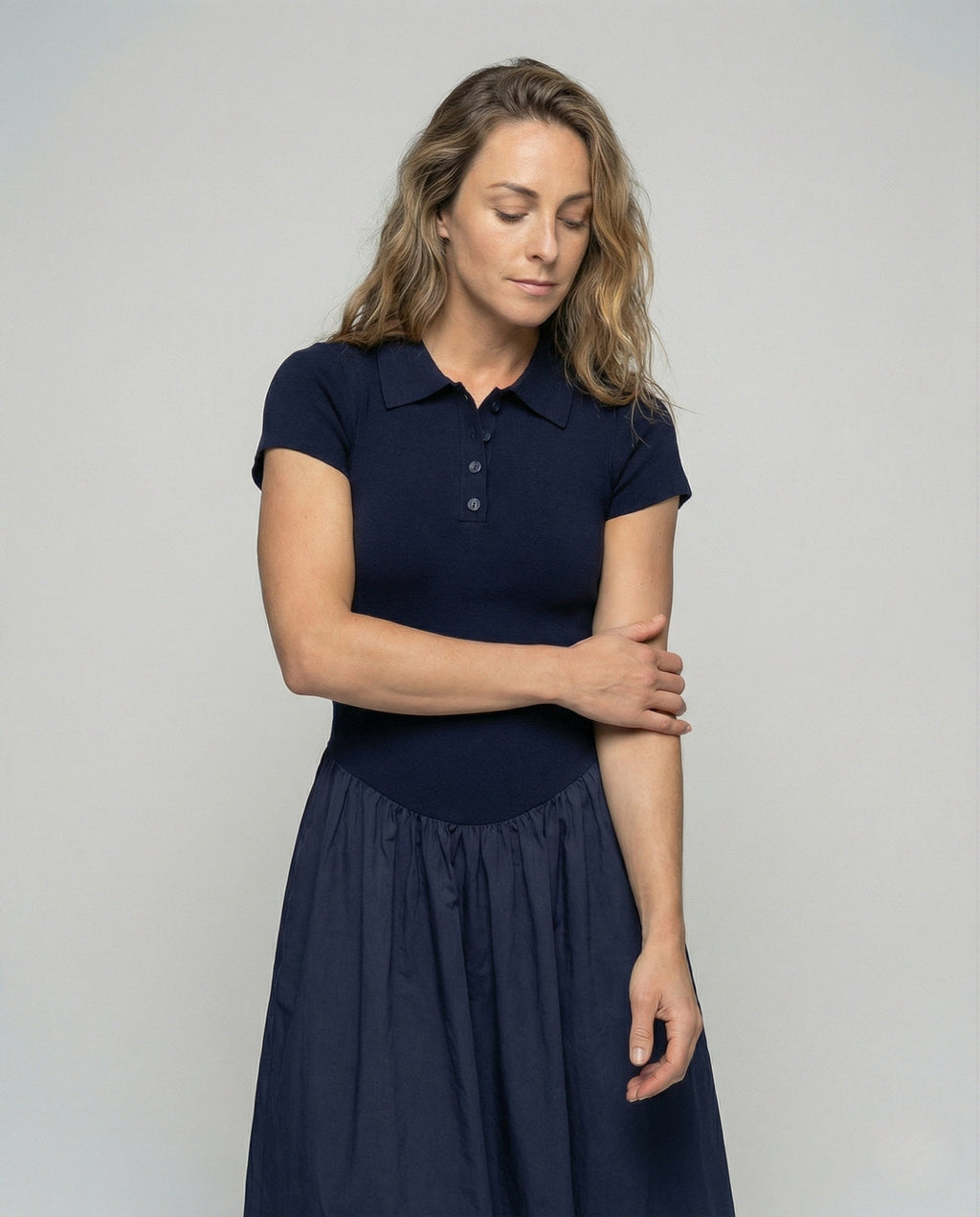 Women's Sleeveless Maxi Dress with Polo Collar - Upper Body View