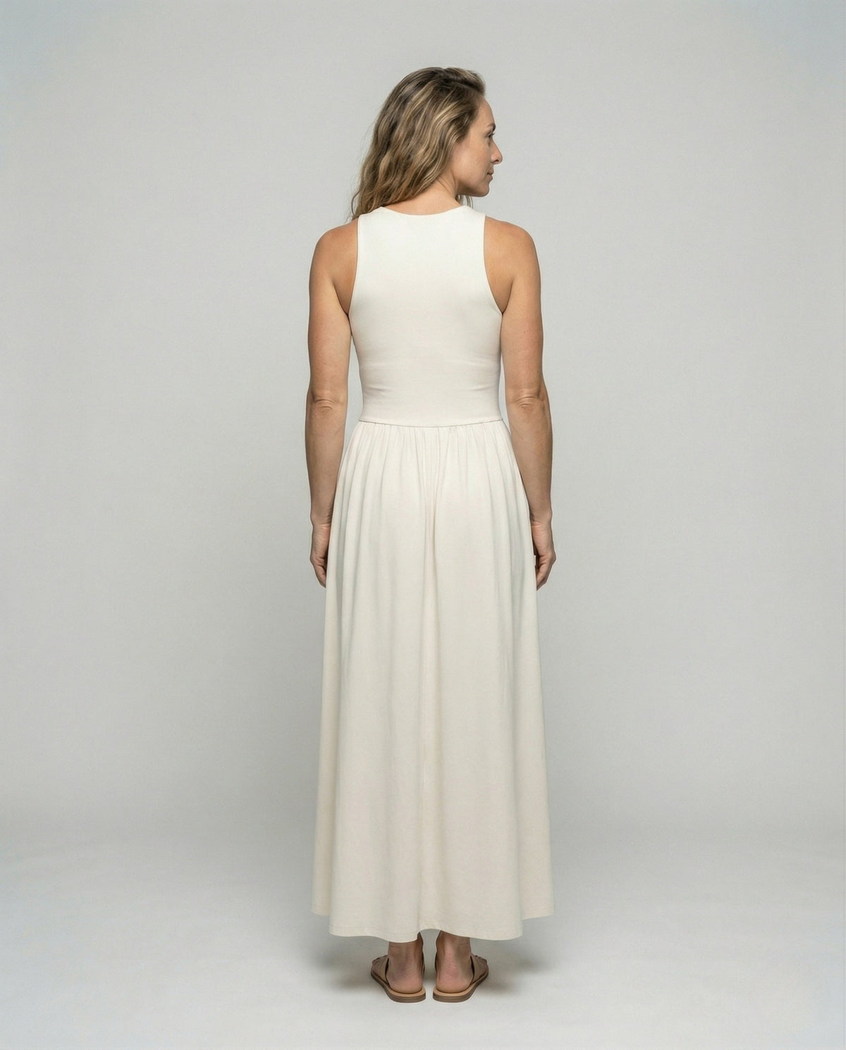 Women's Sleeveless Maxi Dress with Ribbed Top - Back View