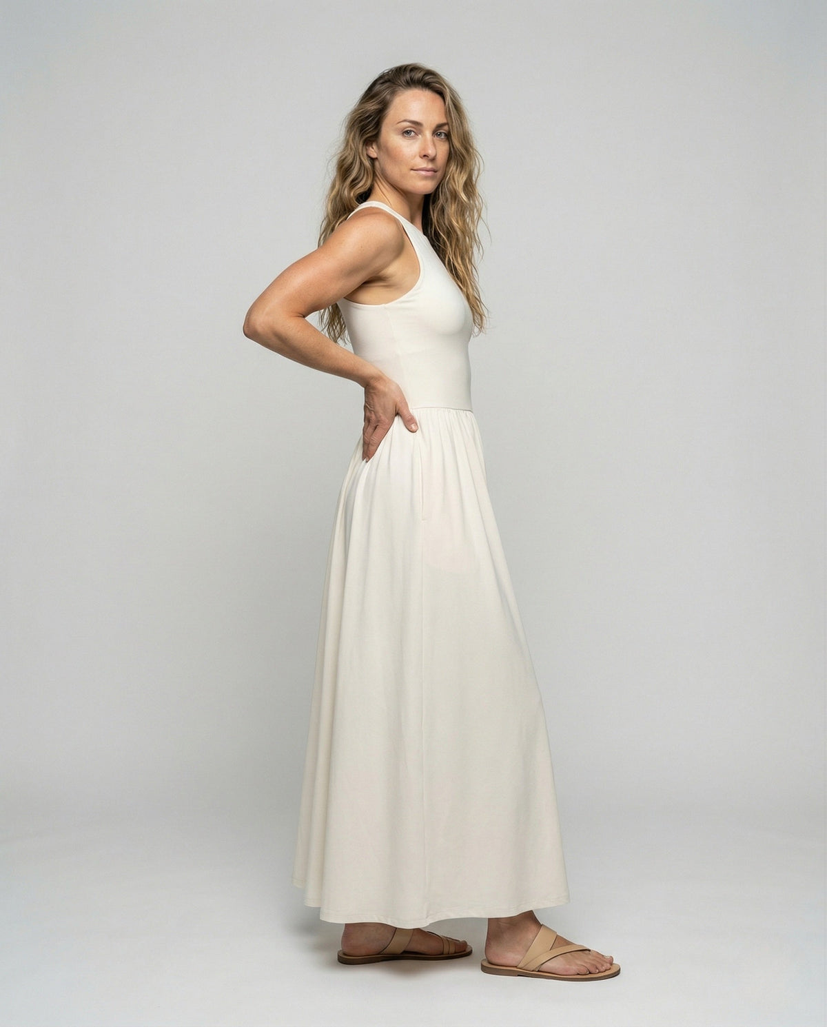 Women's Sleeveless Maxi Dress with Ribbed Top - Front View
