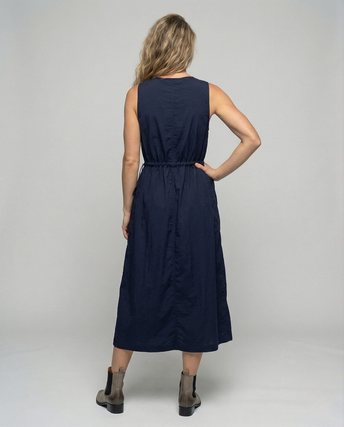 Women's Sleeveless Midi Dress with Drawstring Waist - Back View
