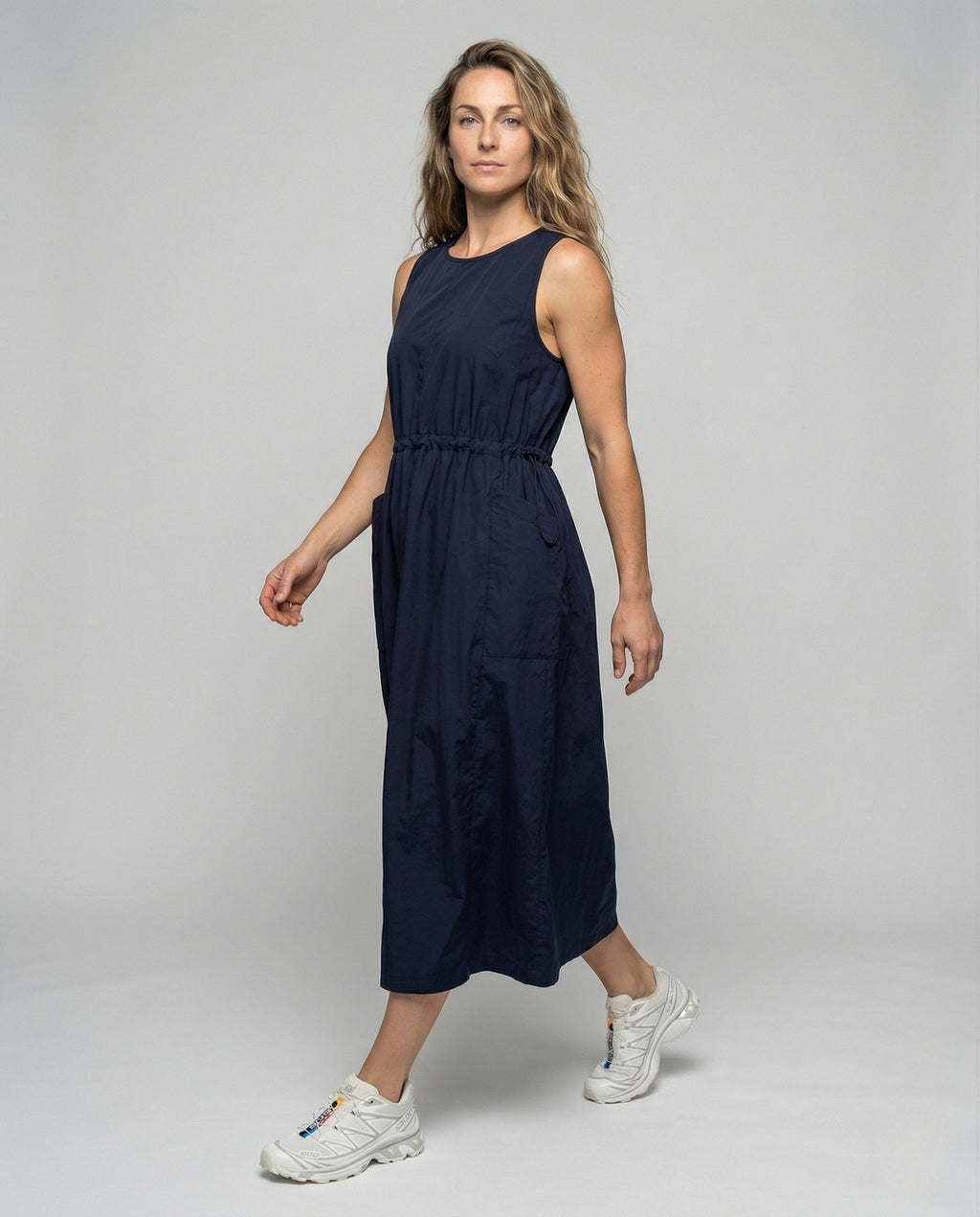 Women's Sleeveless Midi Dress with Drawstring Waist - Front View