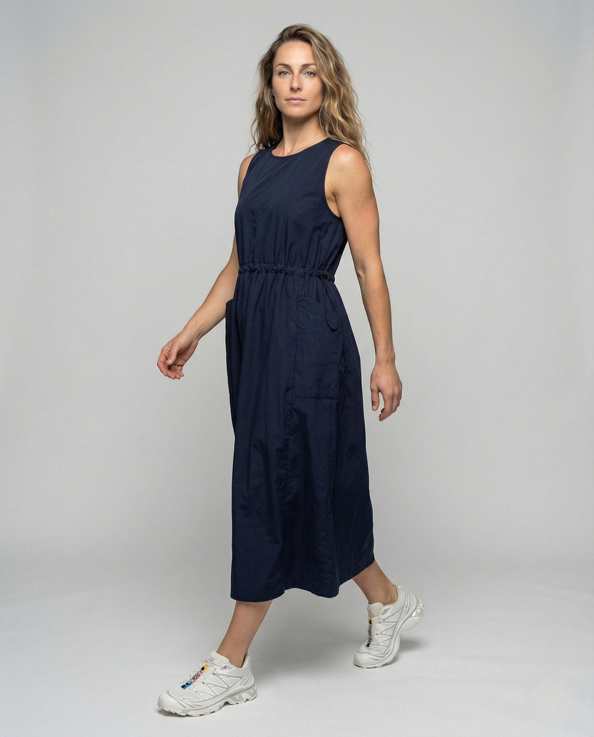 Women's Sleeveless Midi Dress with Drawstring Waist - Front View