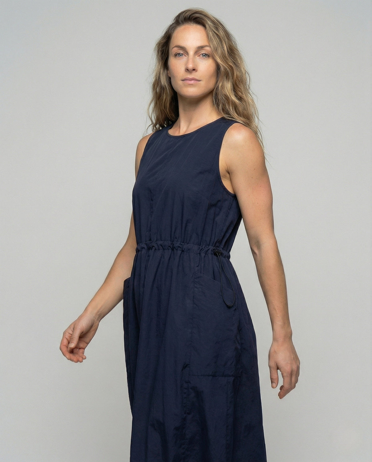 Women's Sleeveless Midi Dress with Drawstring Waist - Upper Body View