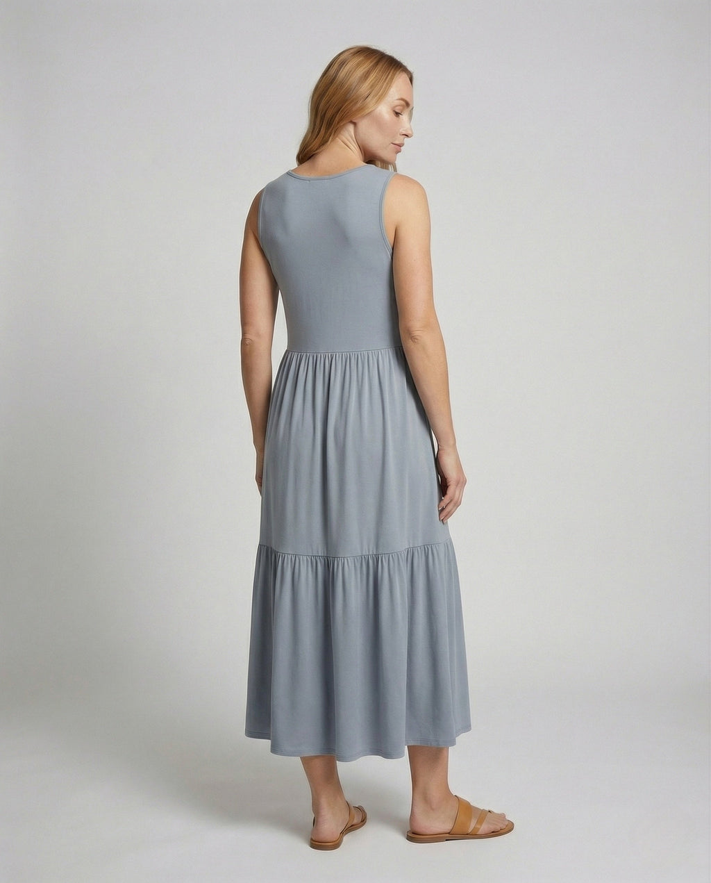 Women's Sleeveless Tiered Maxi Dress with Viscose - Back View