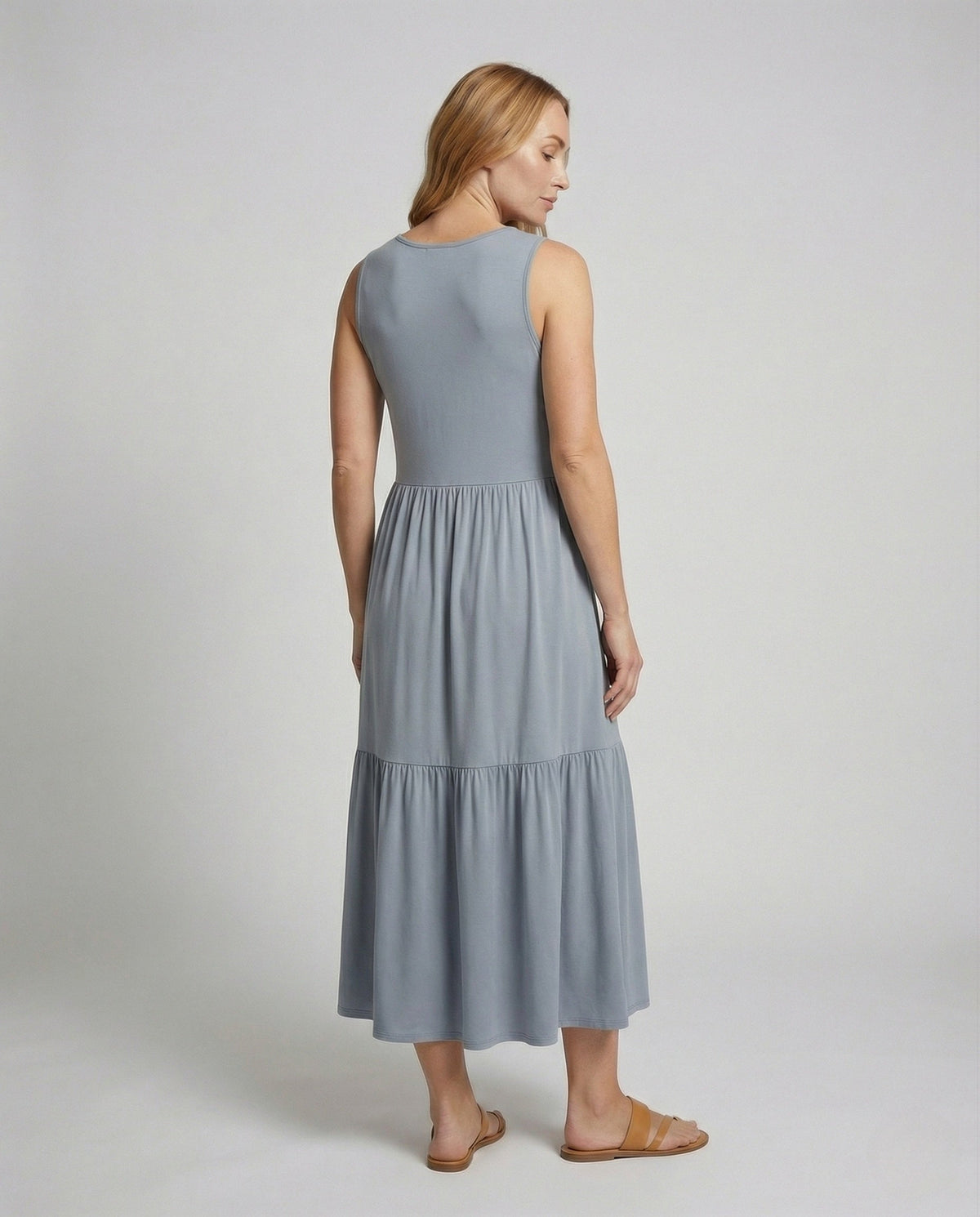 Women's Sleeveless Tiered Maxi Dress with Viscose - Back View