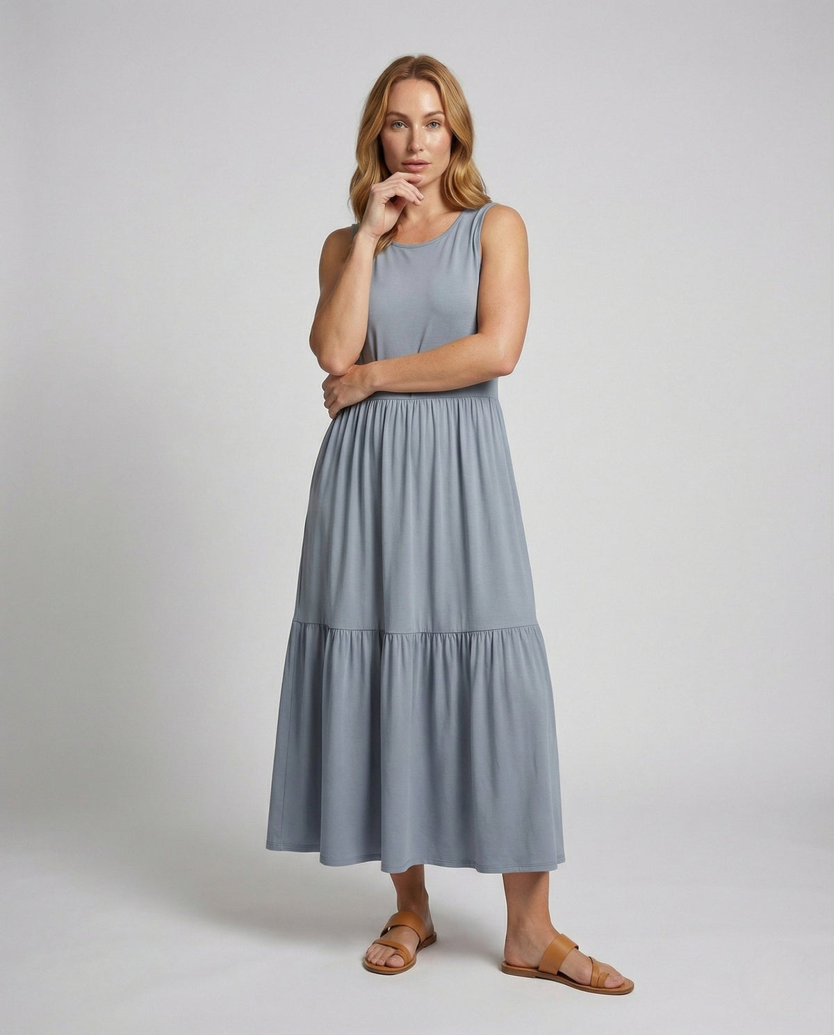 Women's Sleeveless Tiered Maxi Dress with Viscose - Front View
