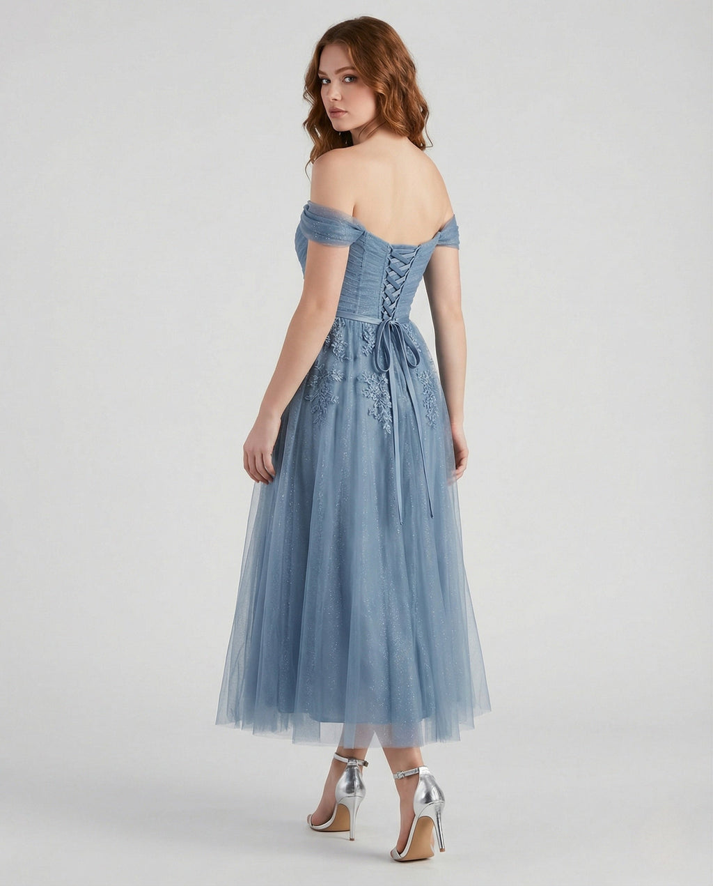 Women's Floor-Length Carmen Evening Dress with Lace - Back View