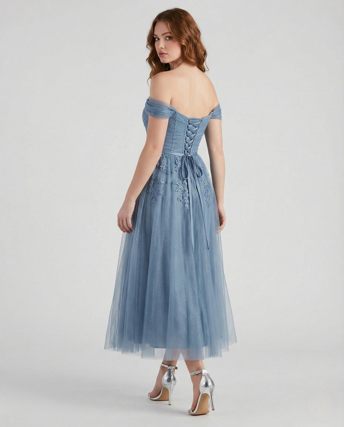 Women's Floor-Length Carmen Evening Dress with Lace - Back View