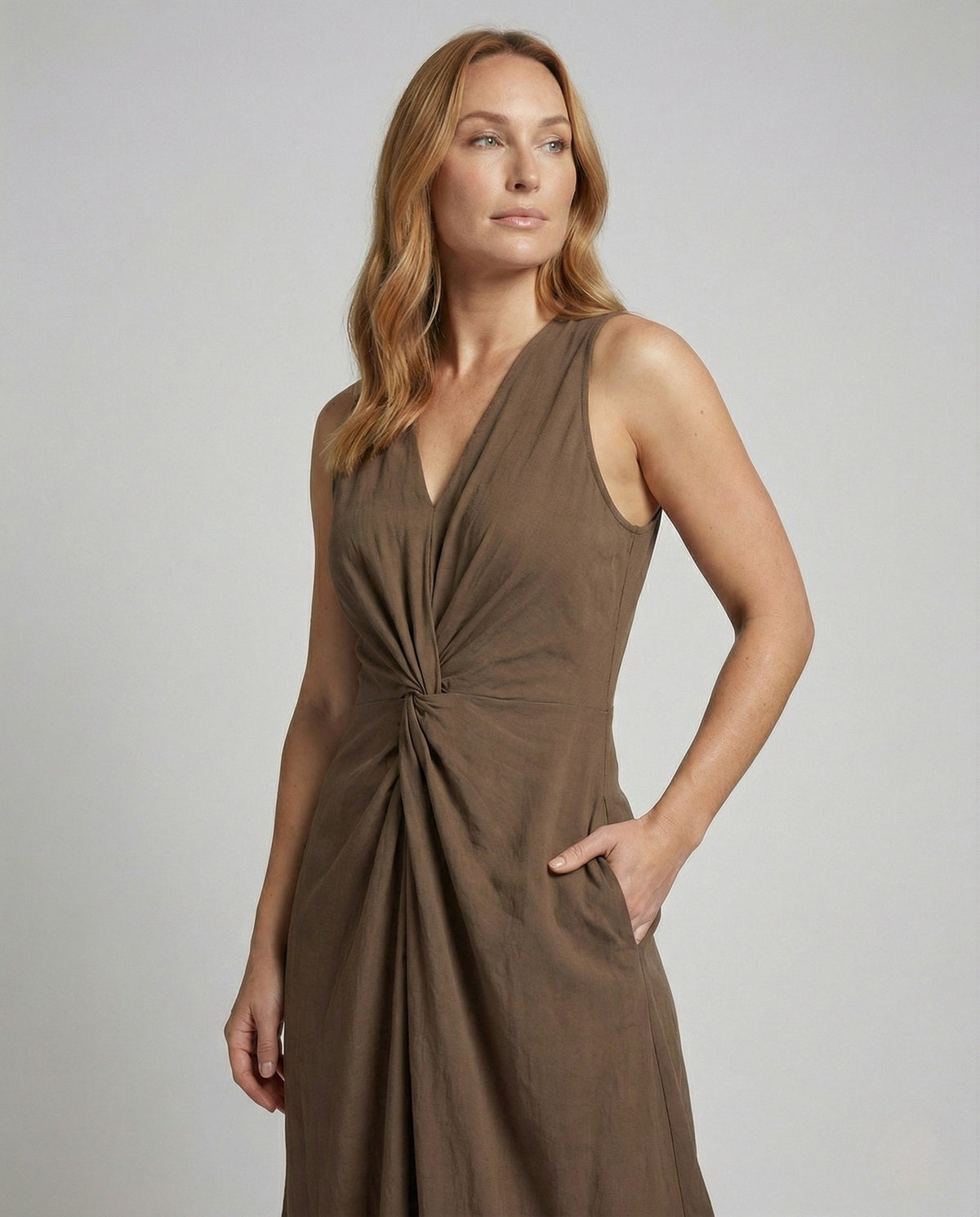 Women's Long Maxi Dress with Knot Detail - Upper Body View