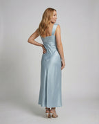 Women's Satin Evening Dress with Embroidered Bustier - Back View