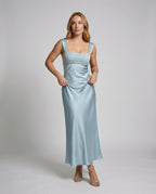 Women's Satin Evening Dress with Embroidered Bustier - Front View