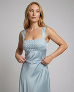 Women's Satin Evening Dress with Embroidered Bustier - Upper Body View