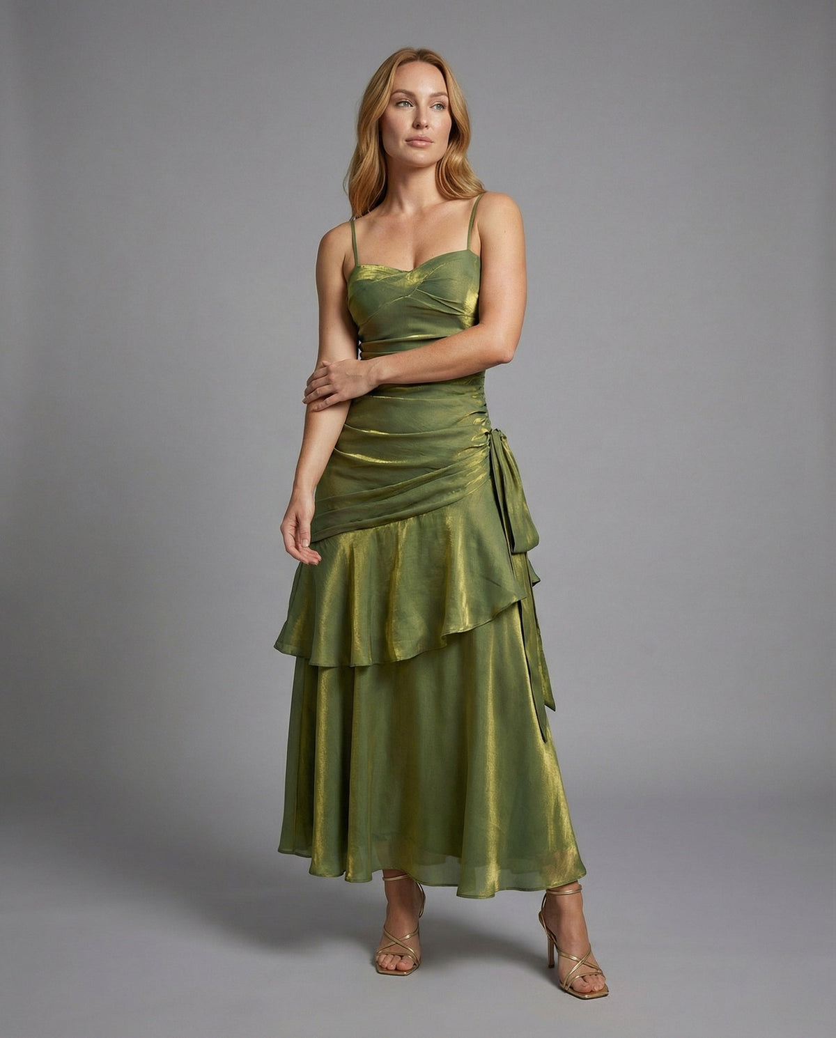 Women's Satin Evening Dress with Heart Neckline - Front View