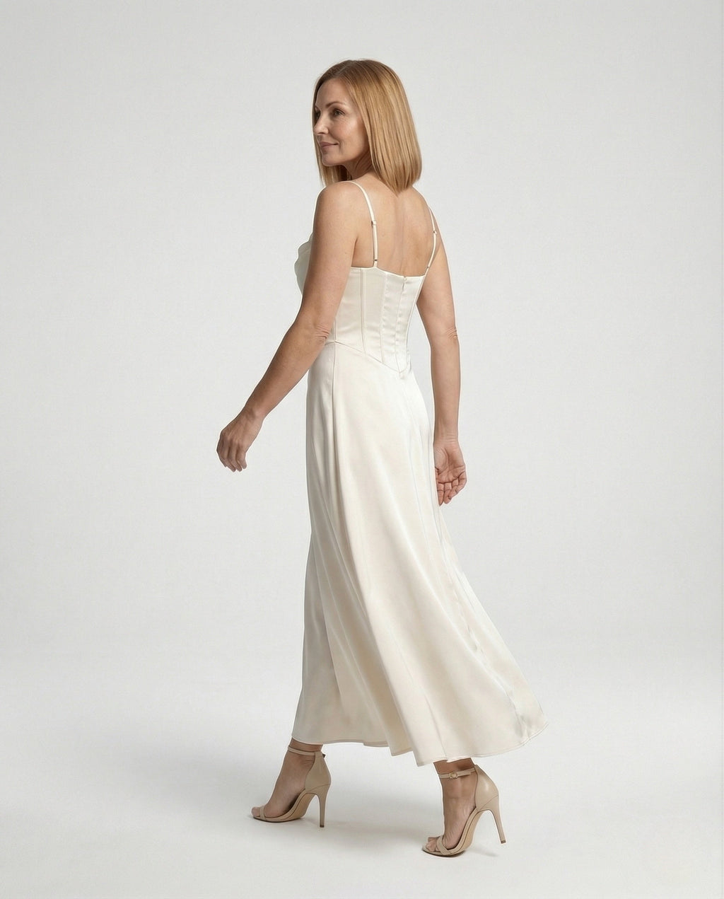 Women's Satin Maxi Dress with Draped Neckline - Back View