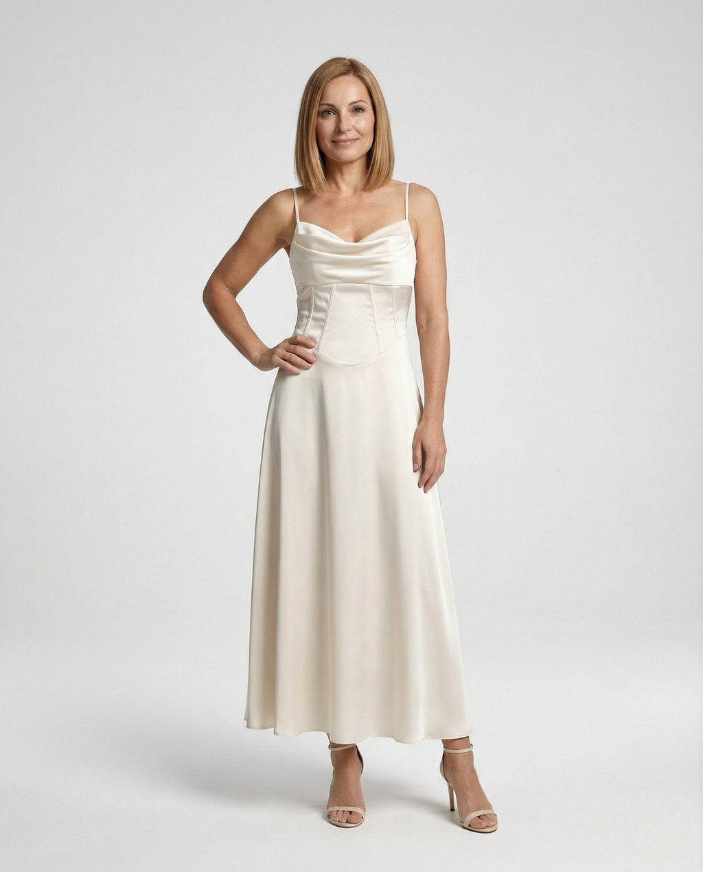 Women's Satin Maxi Dress with Draped Neckline - Front View