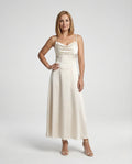 Women's Satin Maxi Dress with Draped Neckline - Front View