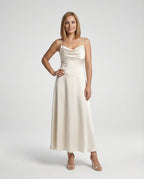Women's Satin Maxi Dress with Draped Neckline - Front View