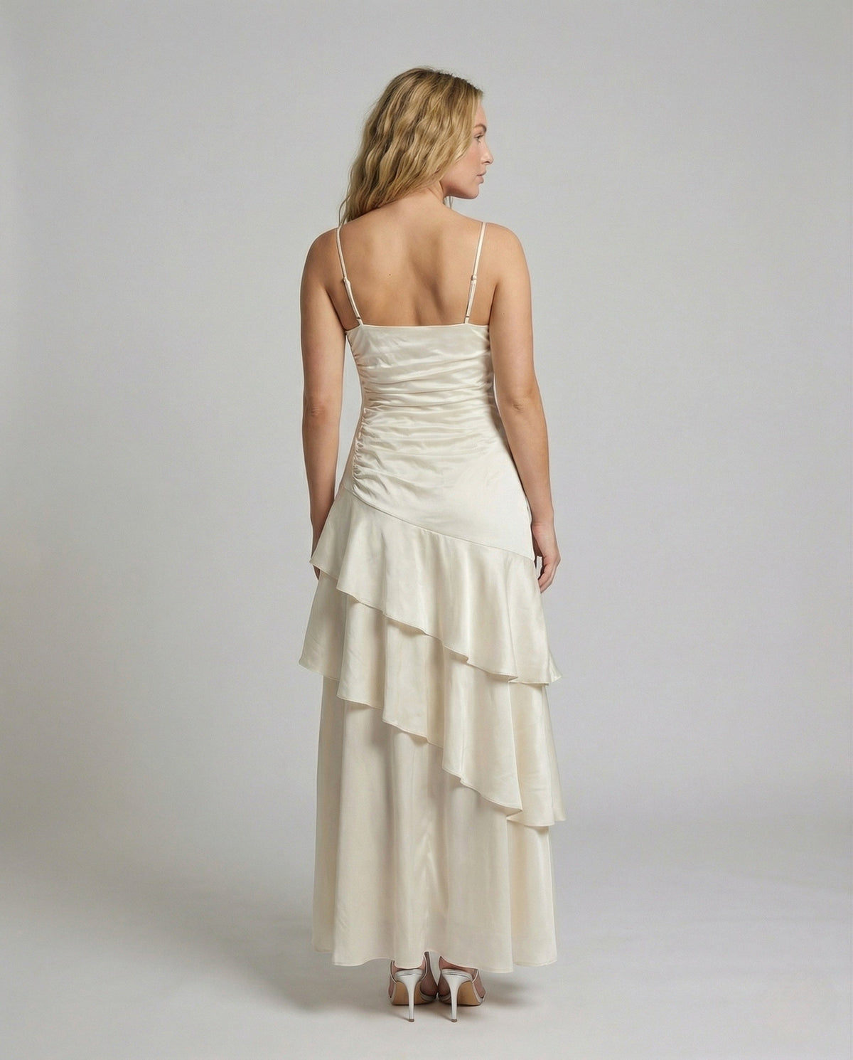 Women's Evening Dress with Spaghetti Straps and Flared Skirt - Back View