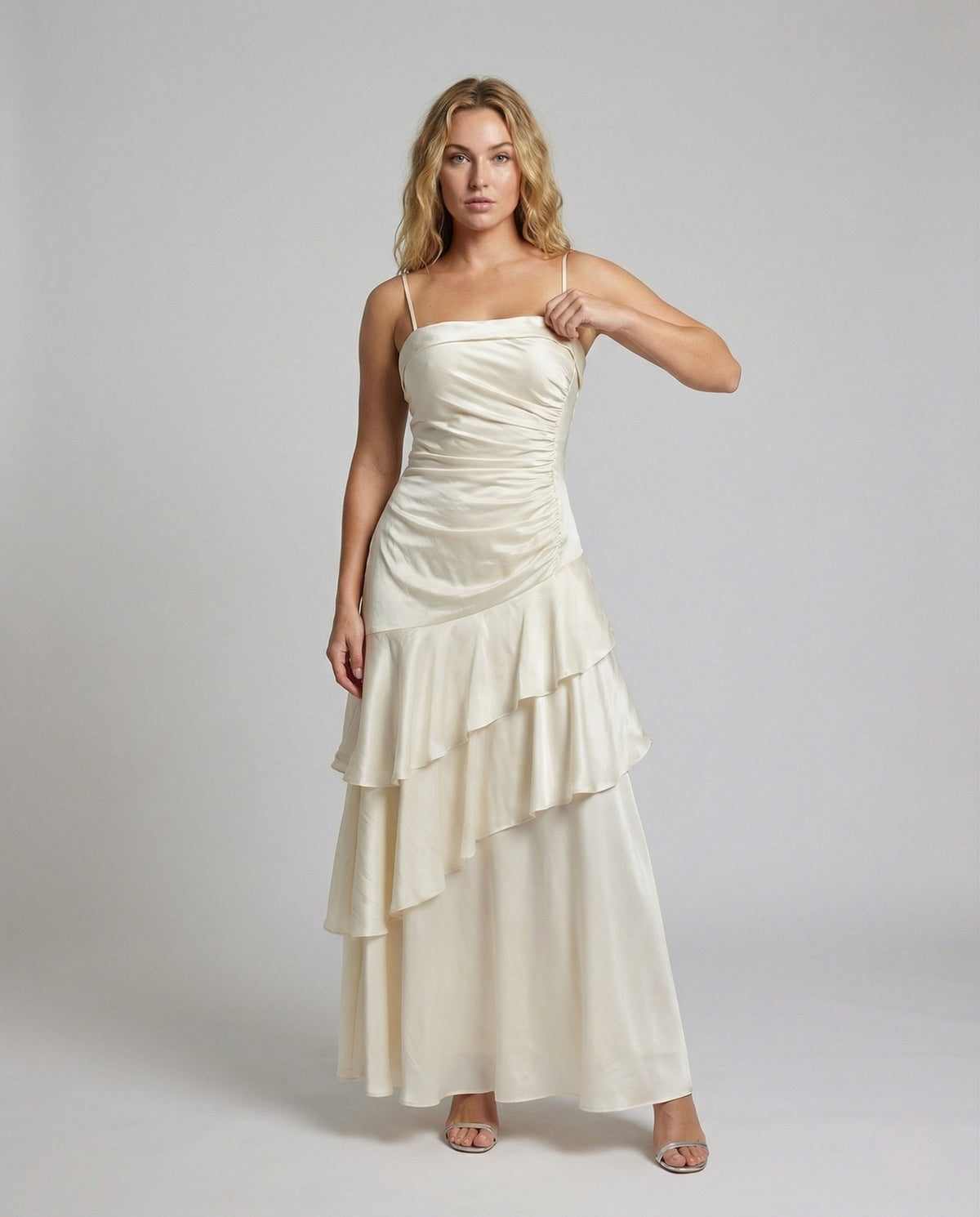 Women's Evening Dress with Spaghetti Straps and Flared Skirt - Front View