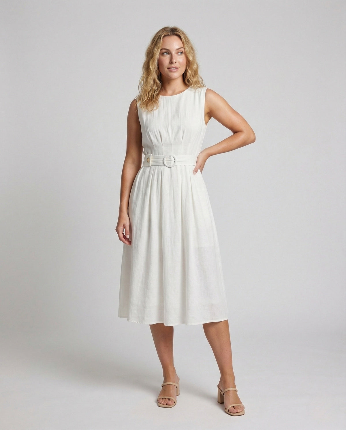 Women's Elegant Sleeveless Maxi Dress with Belt - Front View