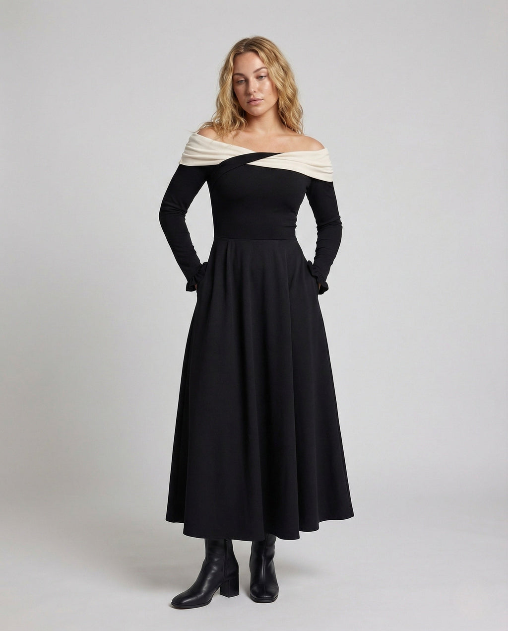 Women's Long Sleeve Evening Dress with Wrap Neckline - Front View