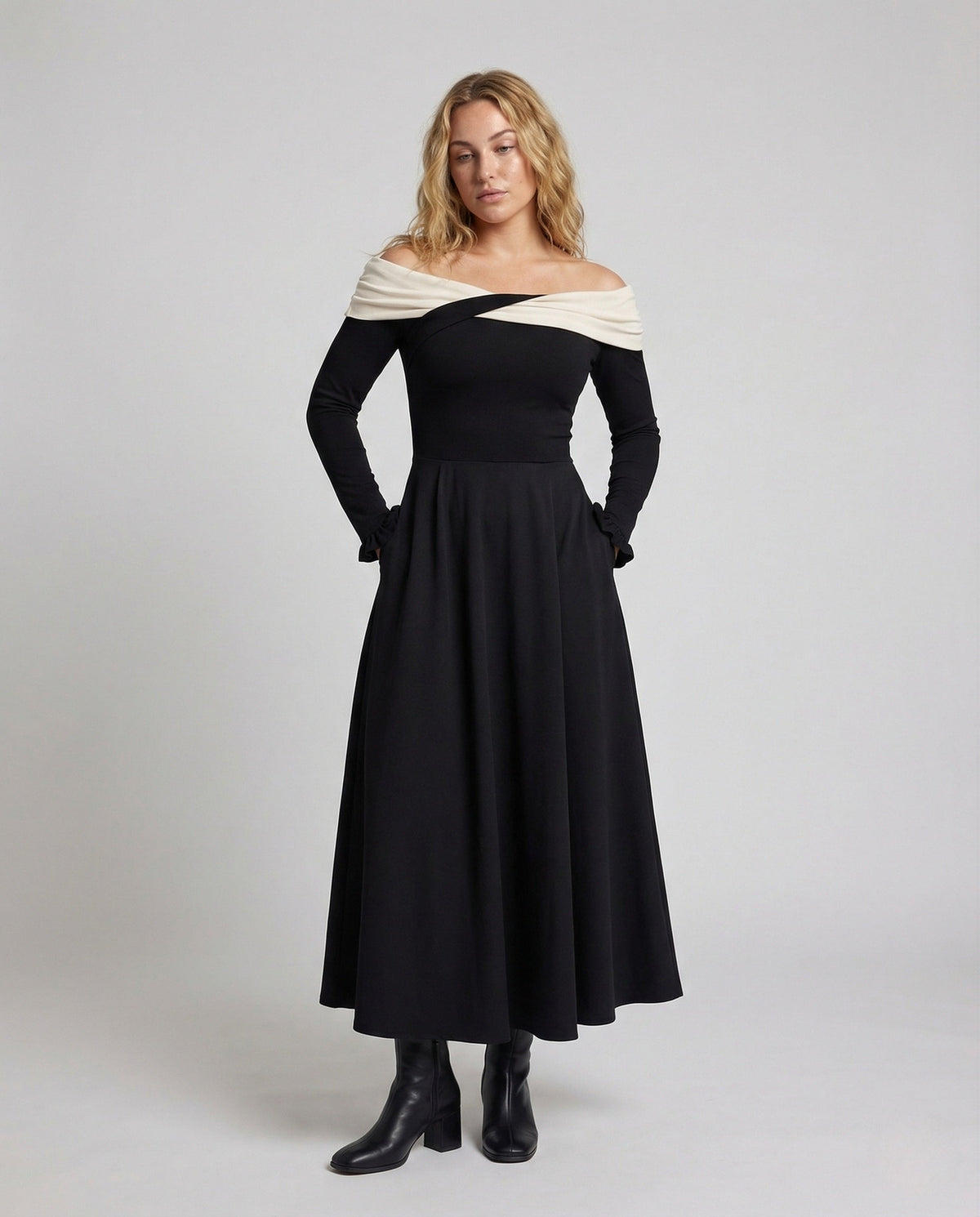 Women's Long Sleeve Evening Dress with Wrap Neckline - Front View