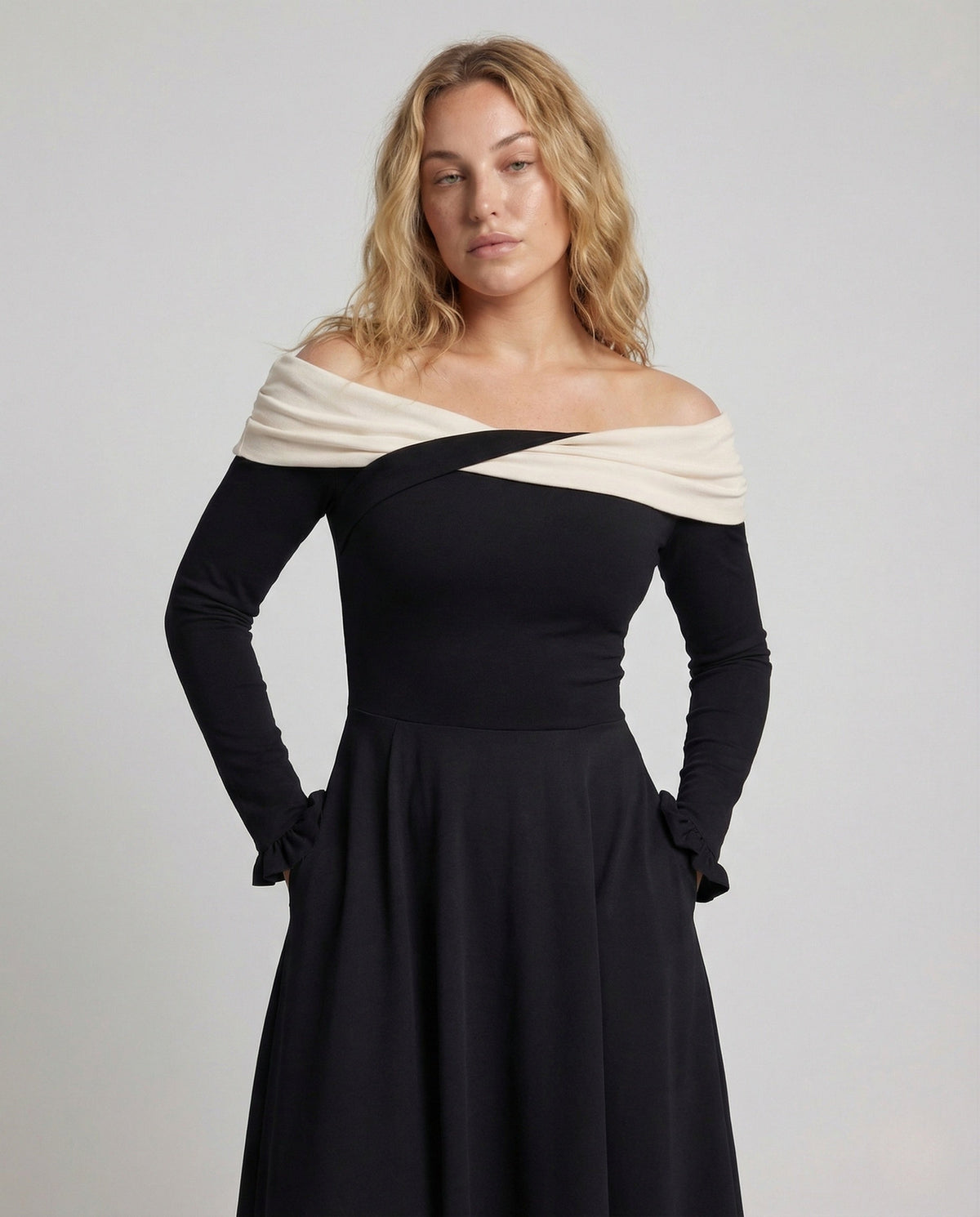 Women's Long Sleeve Evening Dress with Wrap Neckline - Upper Body View