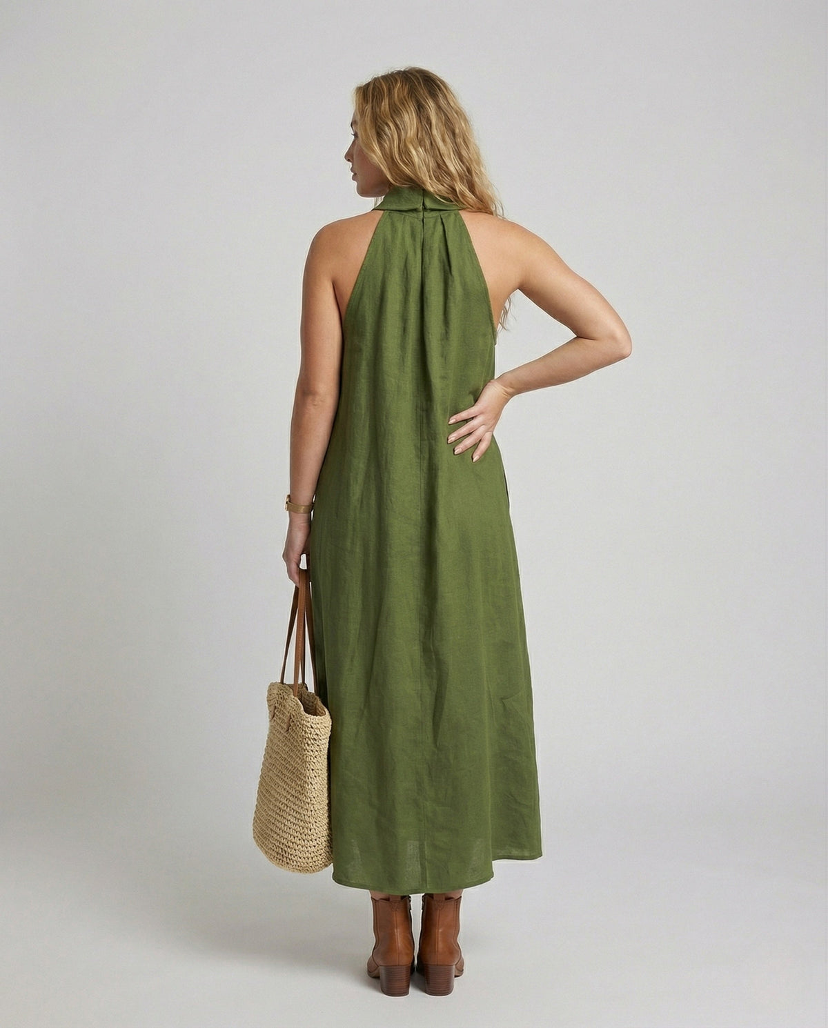 Women's Halter Maxi Dress with Tie Belt - Back View