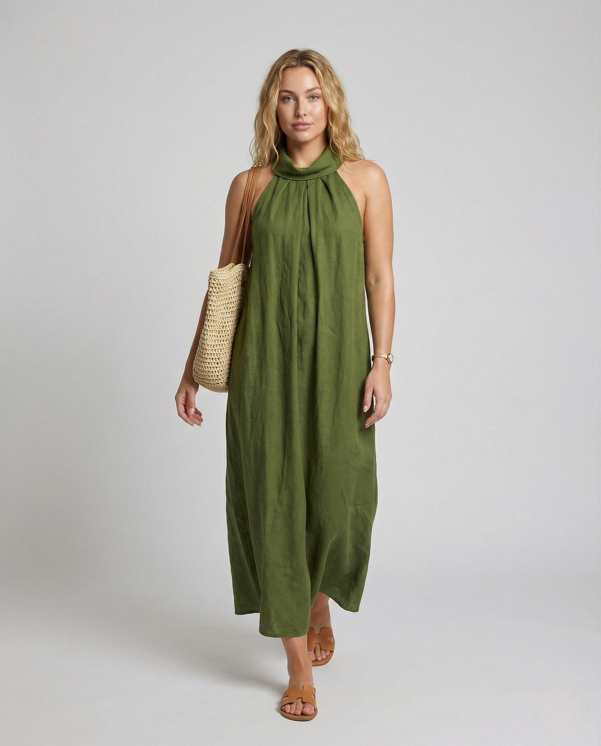 Women's Halter Maxi Dress with Tie Belt - Front View