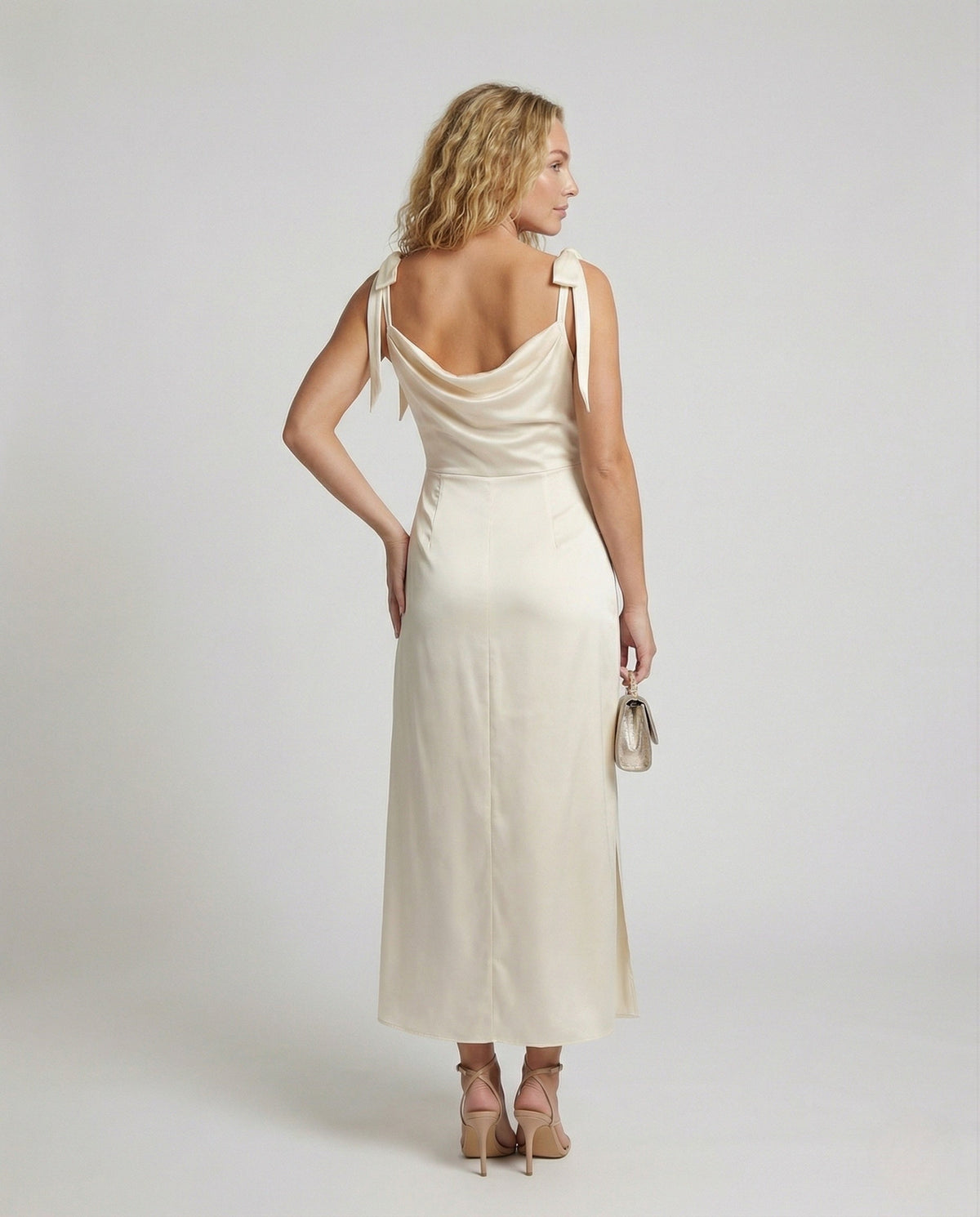 Women's Satin Evening Dress with Waterfall Neckline - Back View