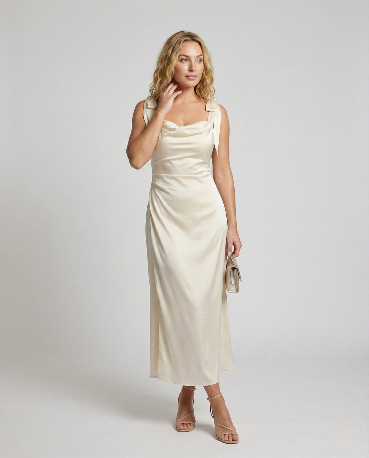 Women's Satin Evening Dress with Waterfall Neckline - Front View
