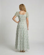 Women's Lace Evening Dress with Puff Sleeves - Back View