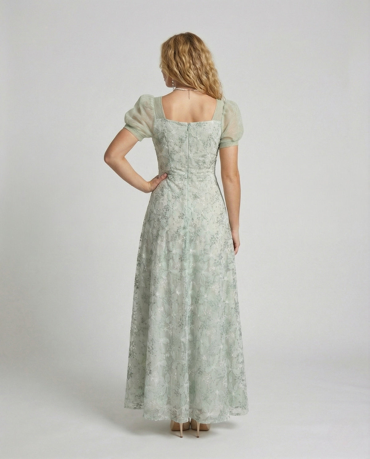 Women's Lace Evening Dress with Puff Sleeves - Back View
