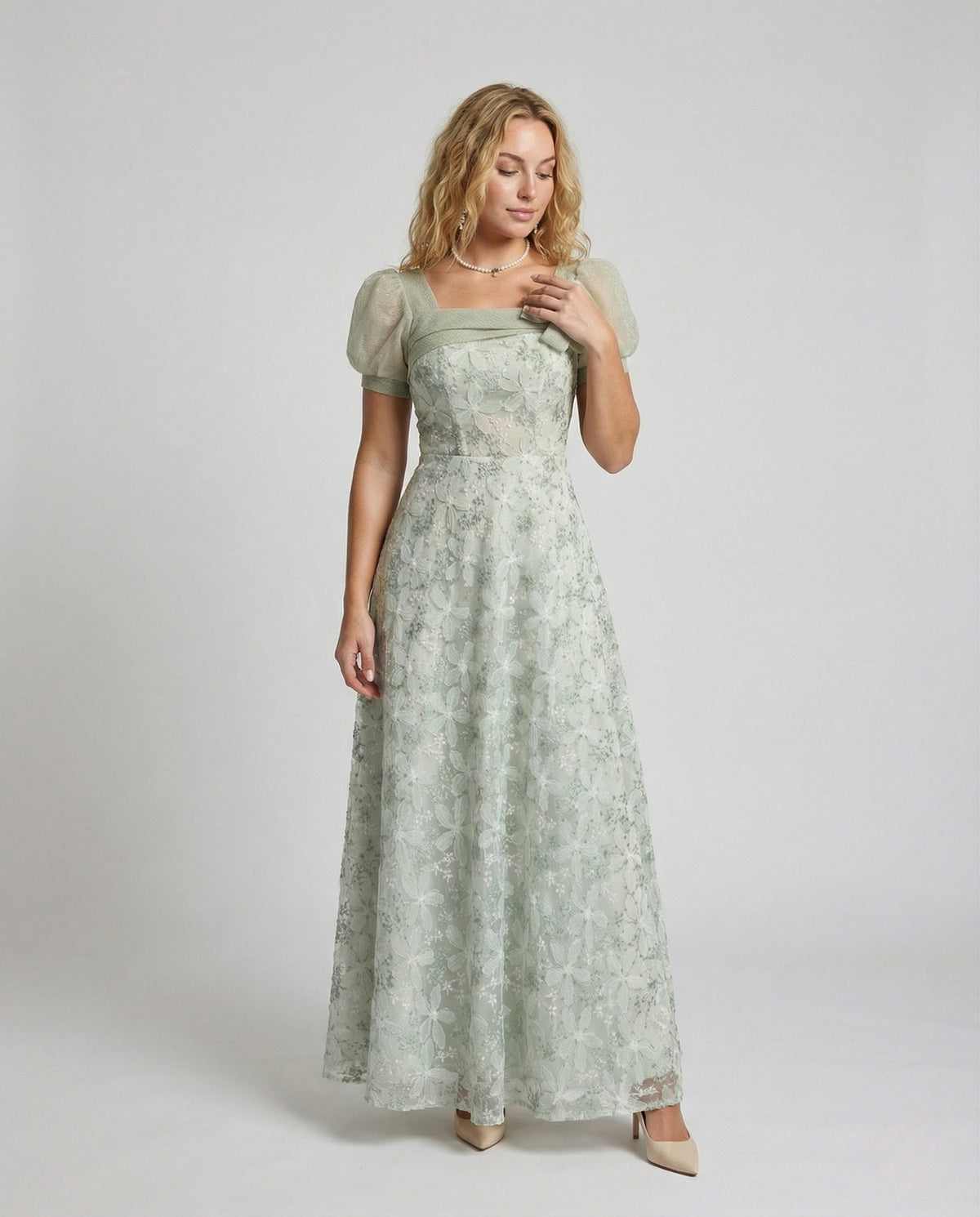 Women's Lace Evening Dress with Puff Sleeves - Front View