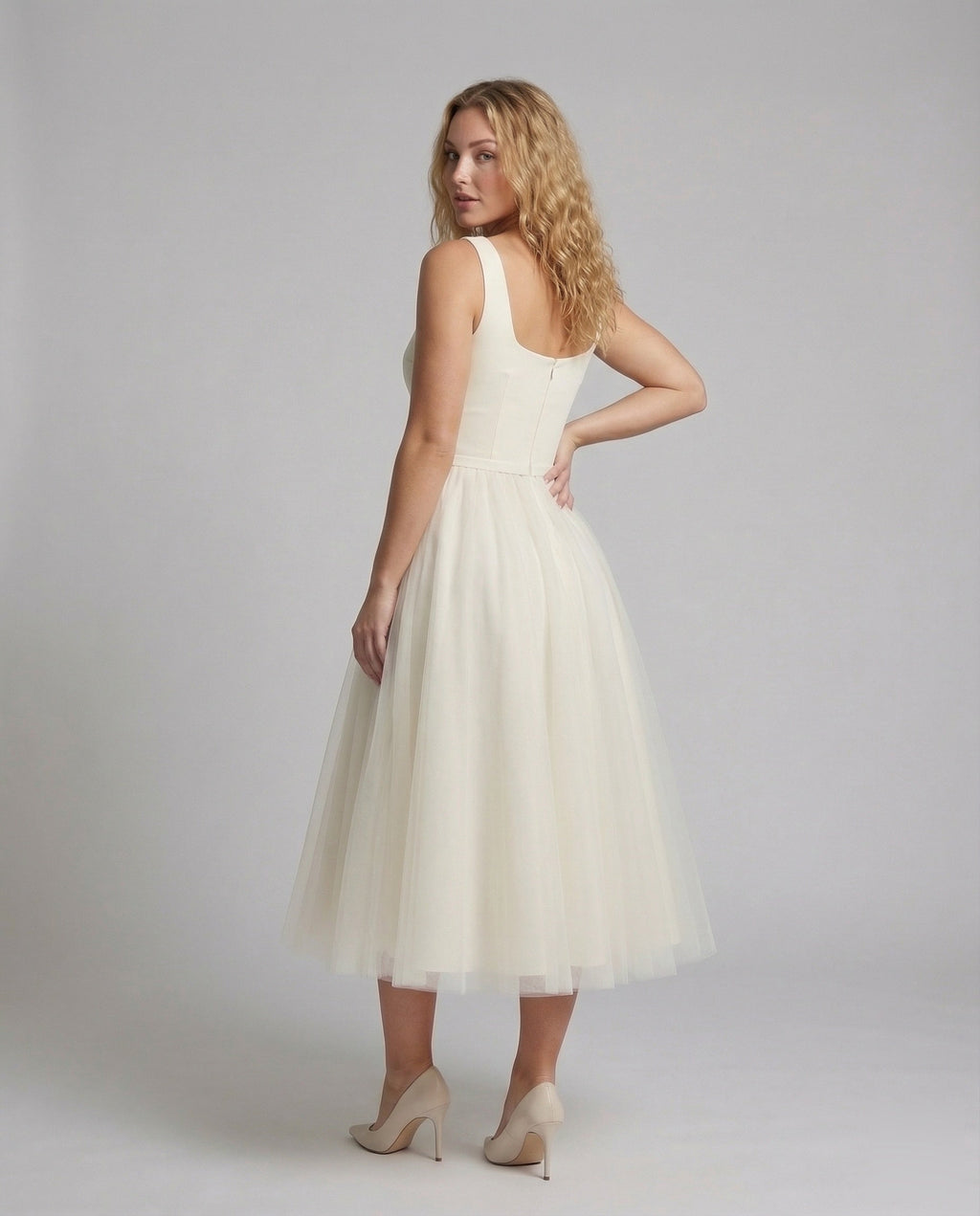 Women's Strap Evening Dress with Tulle Skirt - Back View